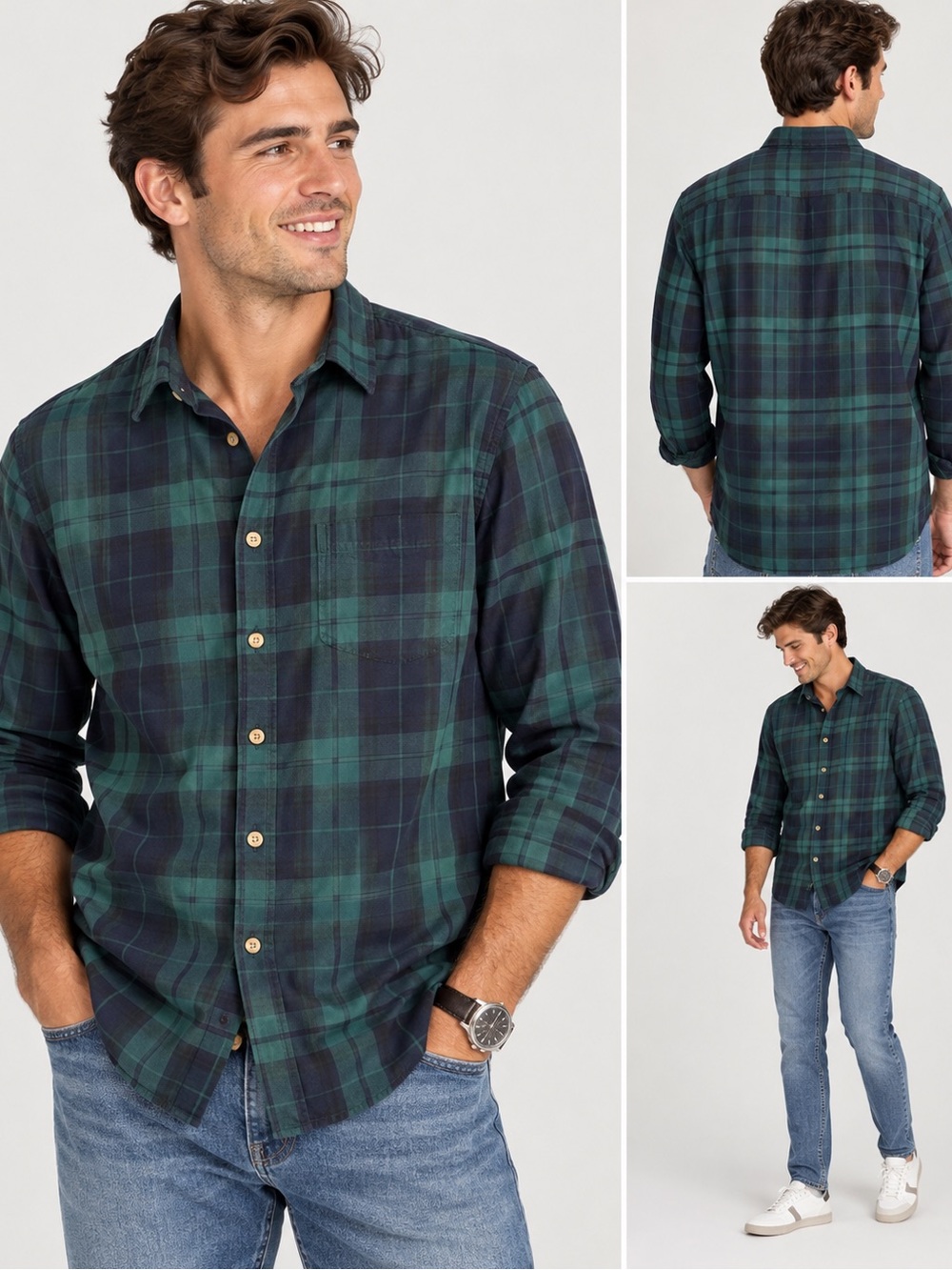 Old Navy Men’s Everyday Shirt Green Navy Plaid Button Down Large